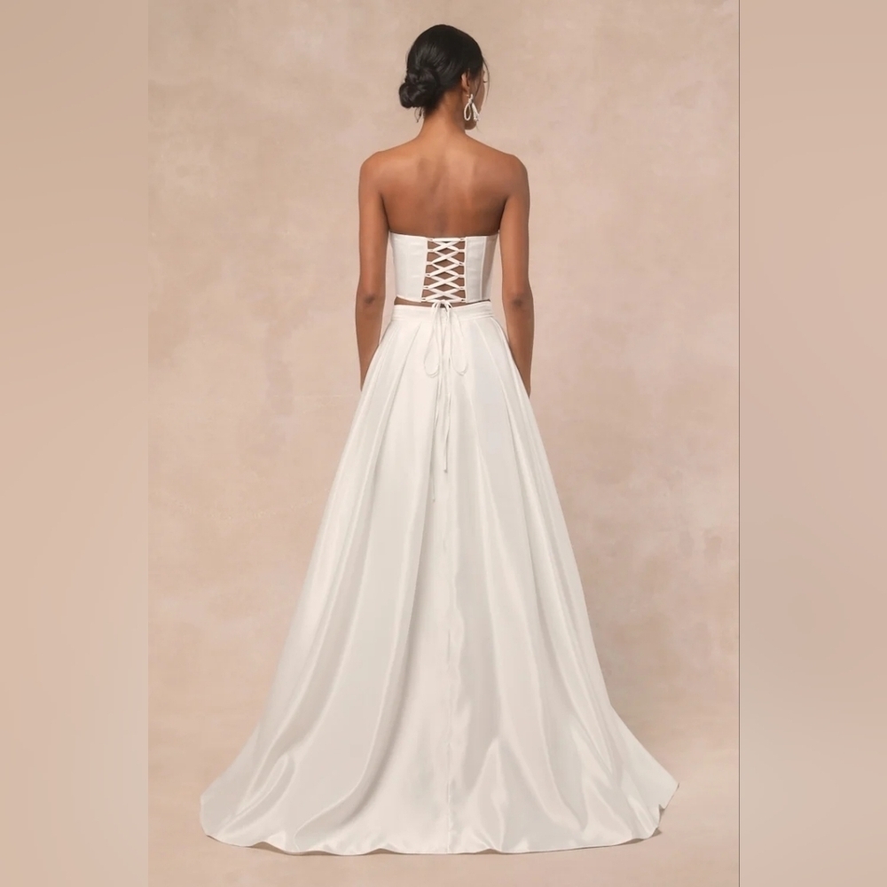 Lulus Angelica White Satin Strapless Three-Piece Maxi Dress Wedding Bride Party - Picture 3 of 11